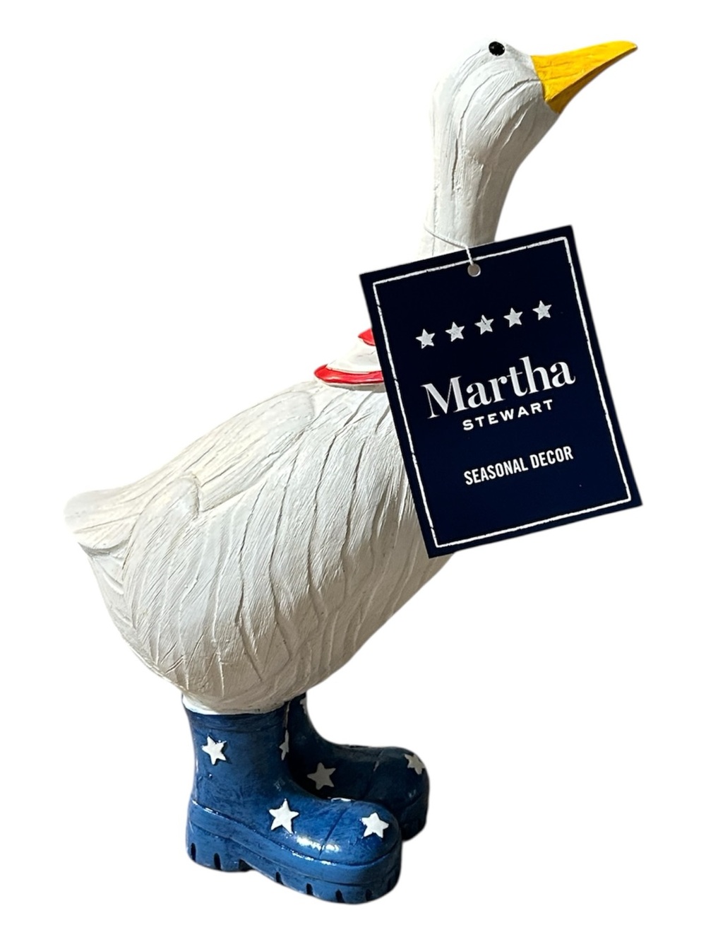 Martha Stewart White Goose Figurine with Red & White Bow and Blue Star Boots 10”
